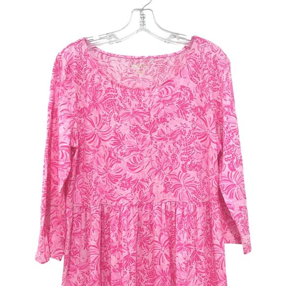 Lilly Pulitzer Dress Geanna Womens Large Pink Floral Tiered Cotton Boho Casual - Picture 5 of 6